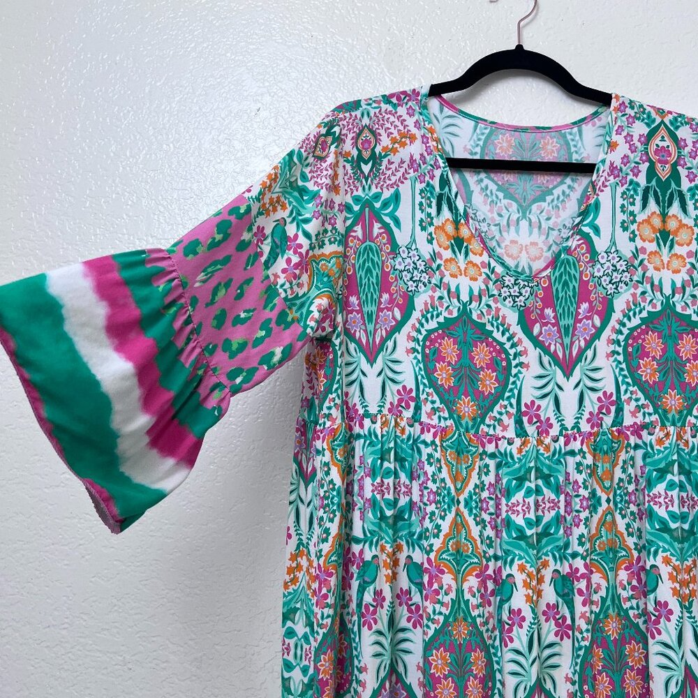 Boho Maxi Dress Made in Italy TU 100% Viscose Multicolor Print Bell Sleeve Large
